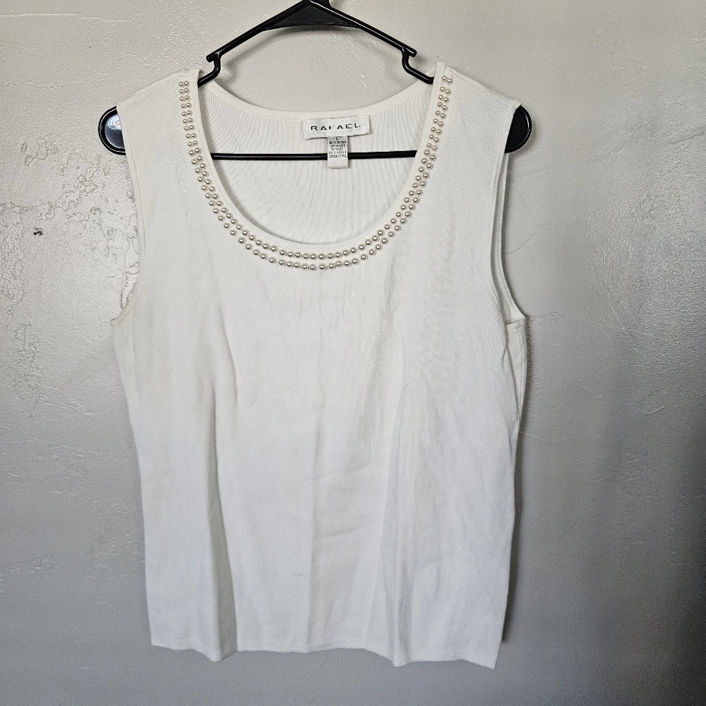 Rafael Women's Large White Ivory Tank Top Pearl Beaded Neckline Dressy Business